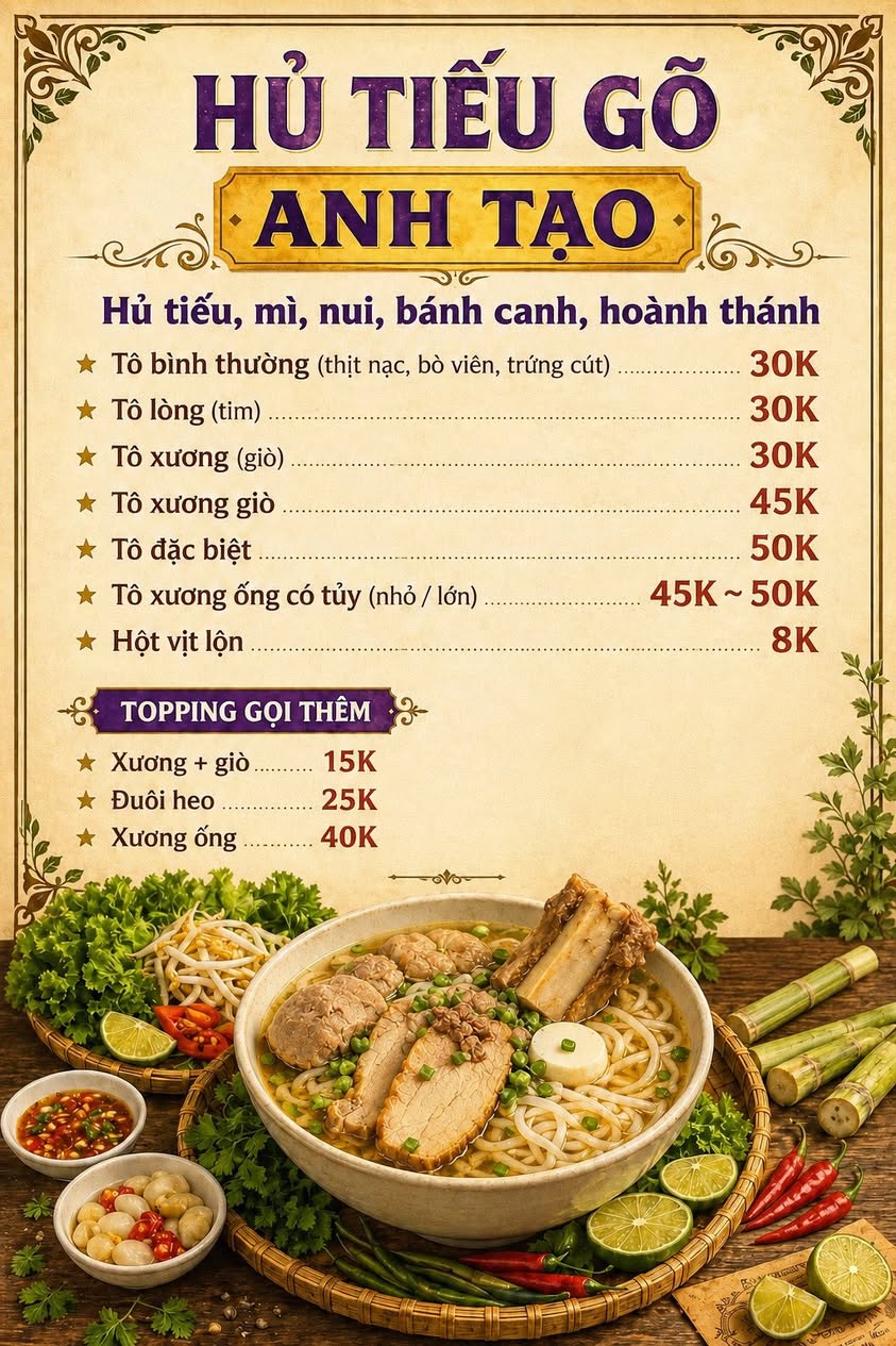 Hủ tíu gõ bán từ 17h-01h tại Vinhomes Grand Park, đa dạng món như hủ tíu, mì, nui, bánh canh, hoành thánh, ship tận nơi, liên hệ 0867594001.