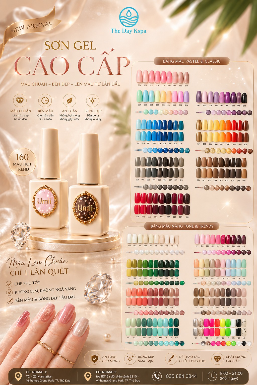 The Day Kspa giới thiệu BST sơn UMII hot trend với hơn 160 màu, dịch vụ nail và spa cho cư dân Vinhomes Grand Park, Quận 9. Mở cửa hàng ngày.