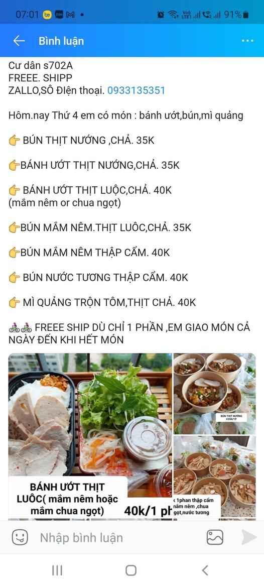 Bán bún mắm nêm, bún thịt nướng, bún nước tương thập cẩm, mì Quảng trộn. Giao món nhanh, phờ ri ship cho cư dân S702A. Liên hệ: 0933135351.