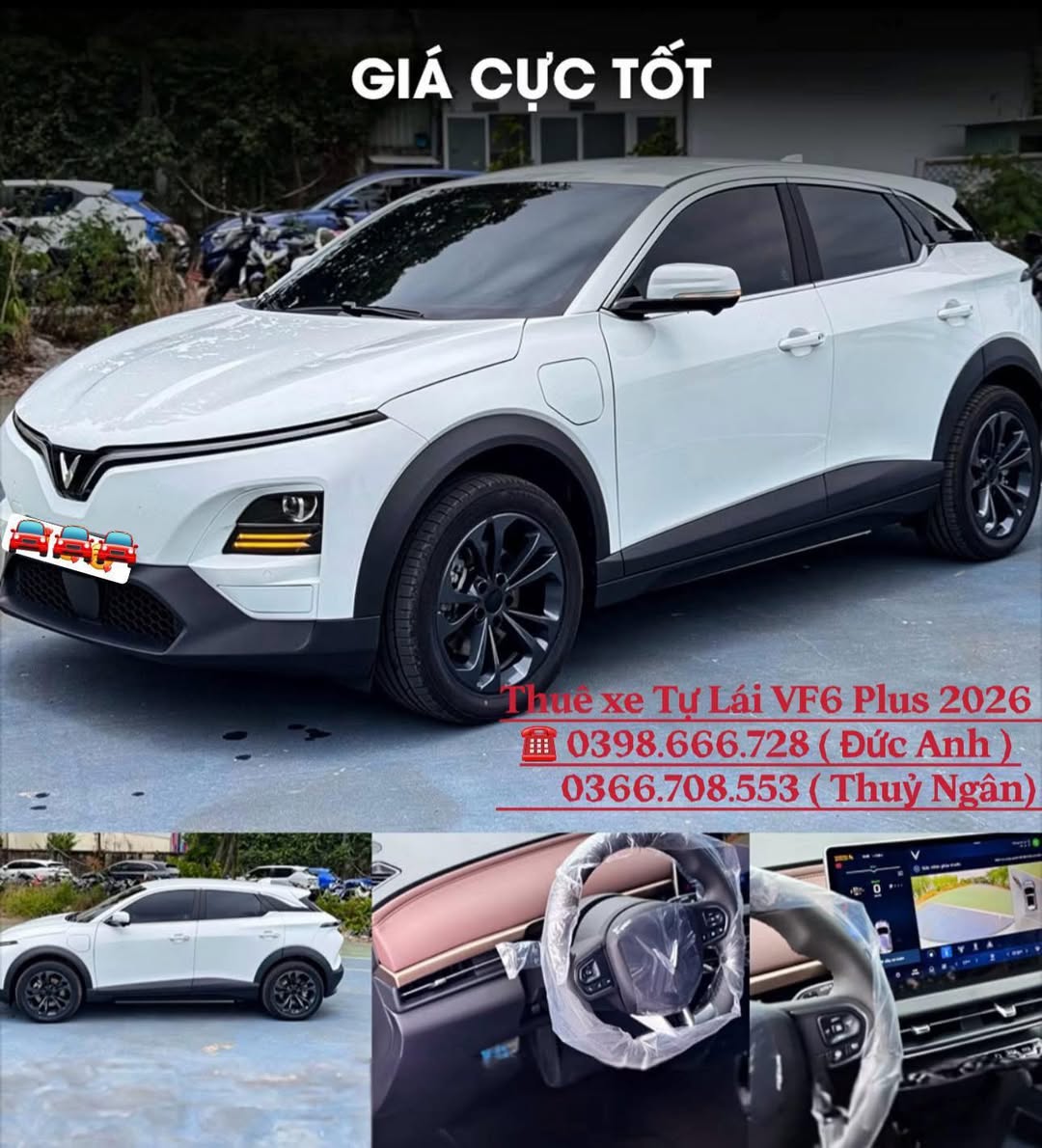 Cho thuê xe tự lái VinFast VF6 Plus mới, nội thất hiện đại, hỗ trợ giao xe tận nơi tại Vinhome Grand Park, Q9. Liên hệ để đặt xe cho gia đình hoặc công tác.