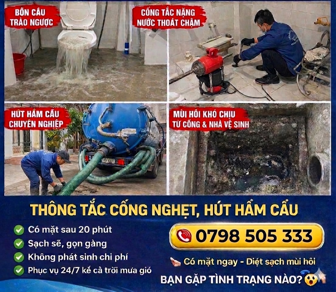 Dịch vụ thông cống, hút hầm cầu, chống thấm, bảo dưỡng ống nước, thợ lành nghề, thiết bị hiện đại, tư vấn miễn phí, giá cả minh bạch.