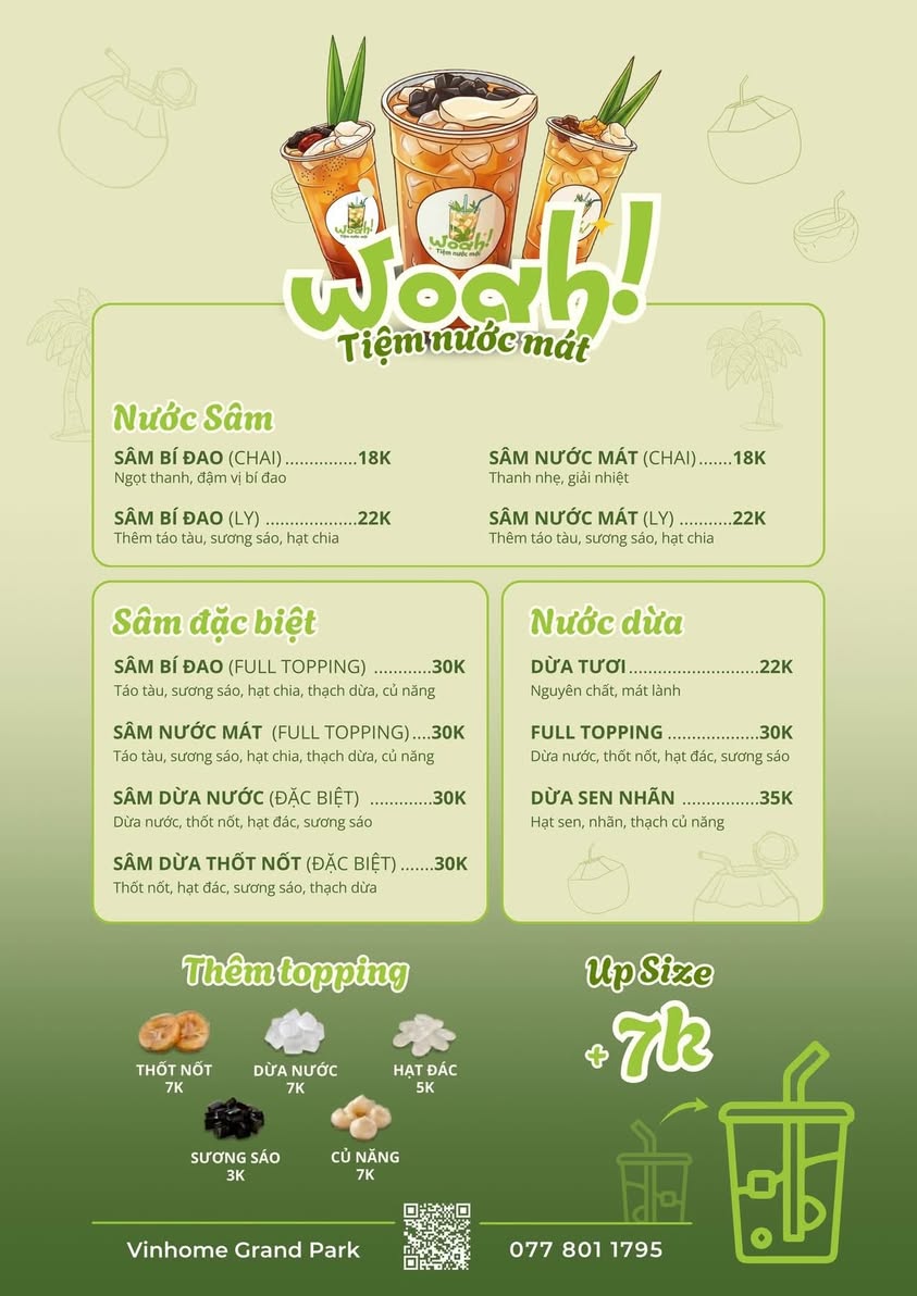 Woah Tiệm Nước Mát bán các loại nước mát, đồ uống thảo mộc giải khát cho cư dân. Đặt hàng dễ dàng, phù hợp cho ngày hè.