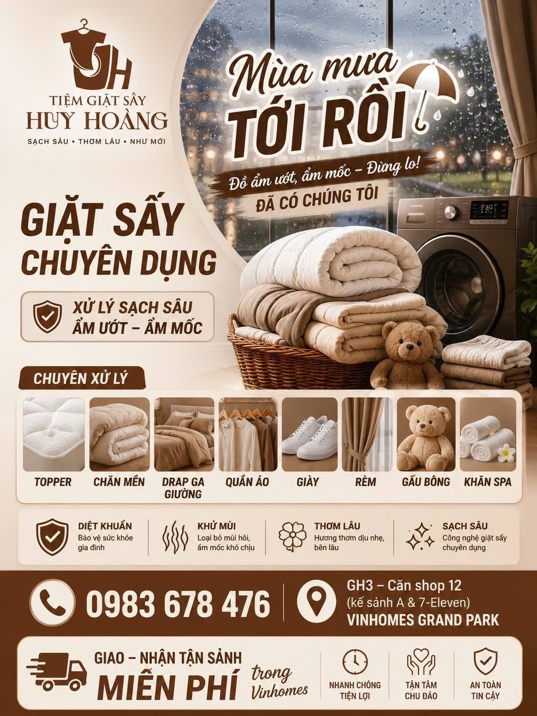Tiệm Giặt Sấy Huy Hoàng nhận giặt sấy và vệ sinh giày, giao nhận tận sảnh miễn phí tại Vinhomes Grand Park. Ưu đãi giặt sấy 8 tặng 1, vệ sinh giày 6 tặng 1.