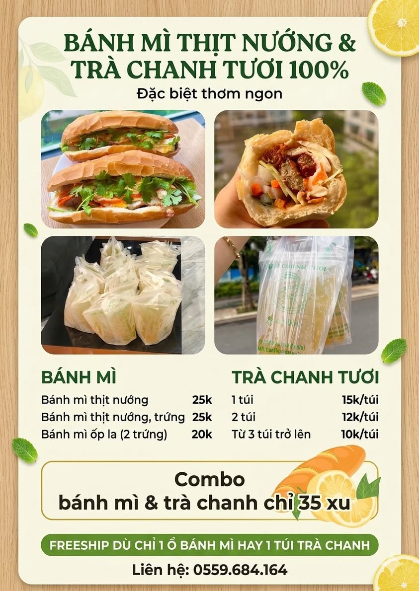 Combo ưu đãi bữa sáng chất lượng như nhà làm chỉ 35 xu, trà chanh giá 10k/túi khi mua từ 3 túi. Đặt ngay để thưởng thức!