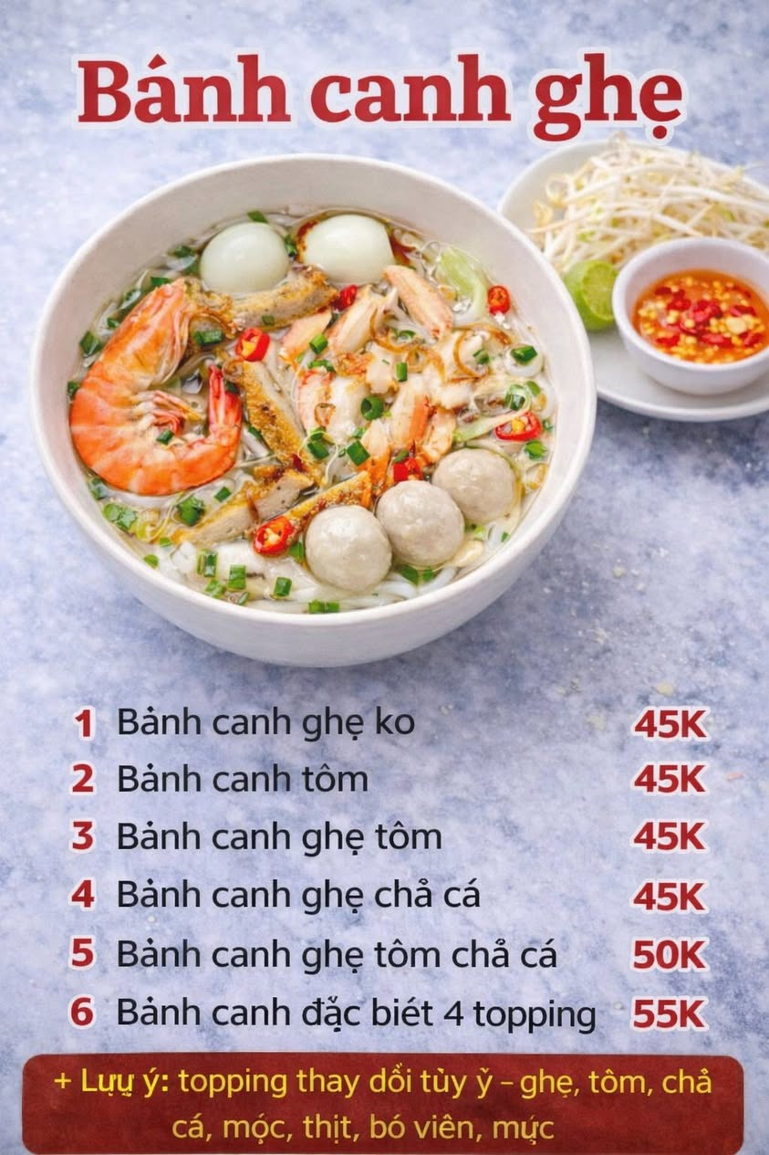 Bánh Canh Nhi bán bánh canh, hủ tiếu, bún nước tương, bánh mì chả cá, ăn vặt và nước uống. Giao miễn phí cư dân Vin từ 35K. Liên hệ: 0378.169.931.
