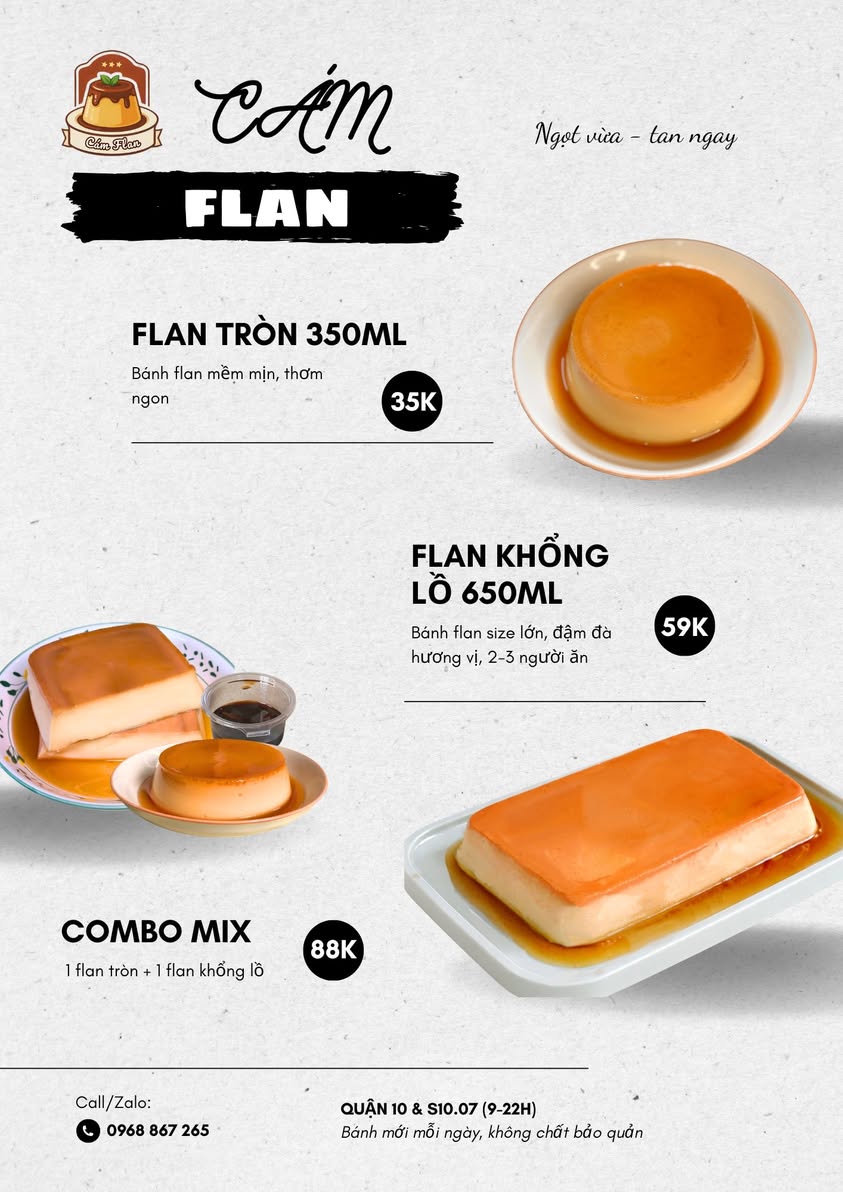 Flan nhà làm siêu to, mềm mịn béo thơm, caramel hấp dẫn. Menu: flan tròn 350ml, flan khổng lồ 650ml, combo, tặng cà phê cho mỗi đơn. Làm mới mỗi ngày.