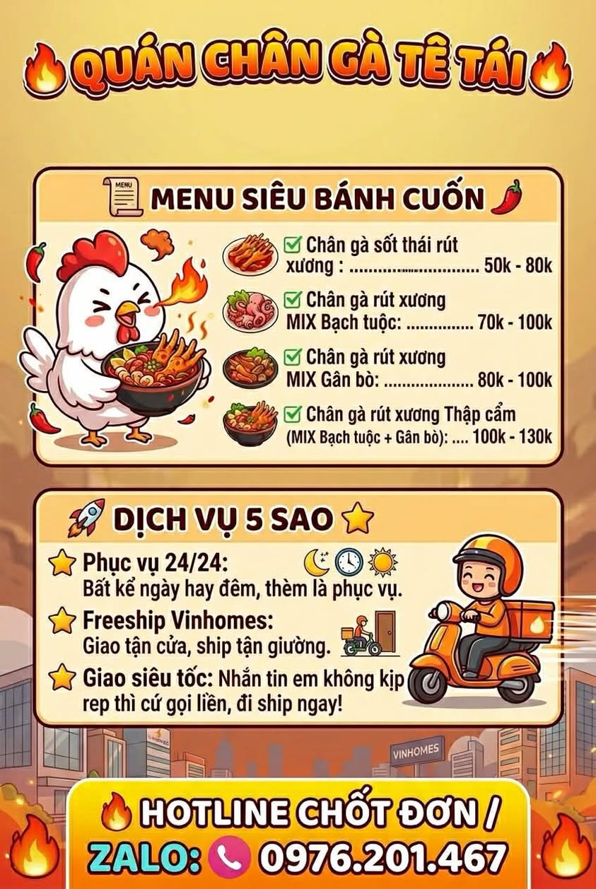 Chân gà sốt Thái, mix bạch tuộc, gân bò, phục vụ 24/24, chủ quán cư dân S602, FREESHIP Vinhomes, giá từ 50K. Giao hỏa tốc, gọi hotline đặt ngay.