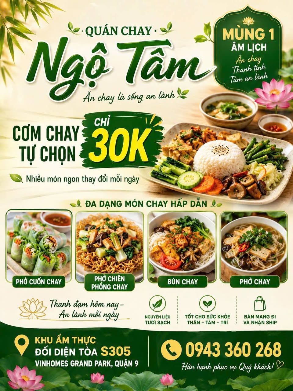 Quán chay Ngộ Tâm phục vụ cơm chay tự chọn chỉ 30K, nhiều món chay như phở, bún, phở cuốn, có bán mang đi và nhận ship tại Vinhomes Grand Park, Quận 9.
