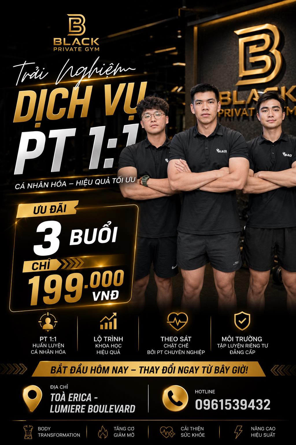 Ưu đãi 199K cho 3 buổi tập PT 1:1 tại Black Private Gym, không gian riêng tư, huấn luyện viên theo sát, hỗ trợ dinh dưỡng tại Vinhomes Grand Park.