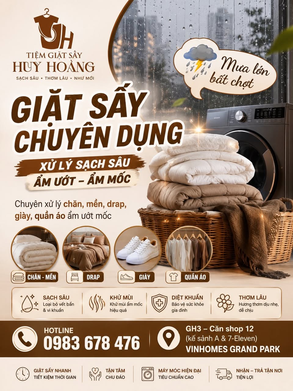 Tiệm Giặt Sấy Huy Hoàng chuyên giặt sấy, vệ sinh giày, xử lý chăn mền, quần áo ẩm mốc. Giao nhận tận sảnh miễn phí tại Vinhomes Grand Park.