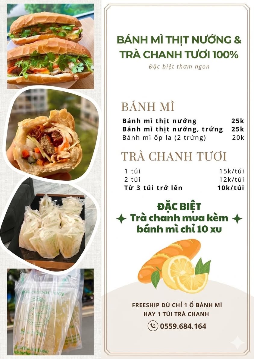Bán bánh mì thịt nướng đầy topping và trà chanh tươi mát lạnh, nhận ship siêu tốc cho bữa sáng ngon miệng.