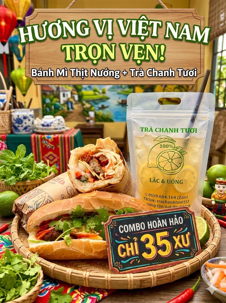 Bán bánh mì thịt nướng đầy topping và trà chanh tươi mát lạnh, nhận ship siêu tốc cho bữa sáng ngon miệng.