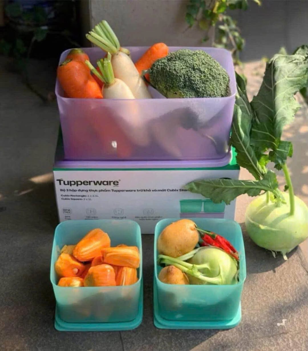 Bộ trữ mát – trữ khô Tupperware Cubix Starter, gồm hộp 3.1L và 2 hộp 1L, giúp bảo quản thực phẩm khô, tối ưu không gian tủ, an toàn cho sức khỏe.