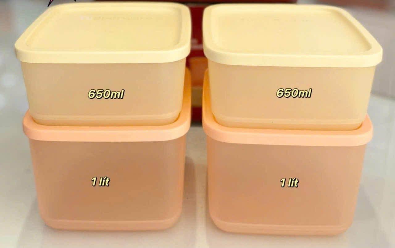 Bộ hộp vuông Tupperware chính hãng, gồm 2 hộp 1L cam và 2 hộp 650ml vàng, thích hợp đựng bánh kẹo, hạt khô, trái cây, chanh ớt. Số lượng có hạn, inbox để đặt hàng.