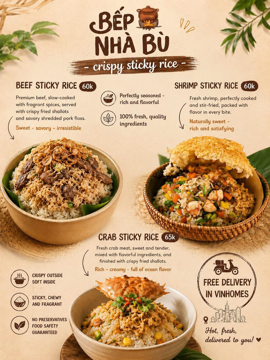Bếp Nhà Bù bán combo xôi cua, xôi tôm, xôi bồ câu, nhiều kích cỡ, giao hàng miễn phí khu vực cho đơn từ 50K. Đặt trước để nhận bữa sáng nóng hổi.