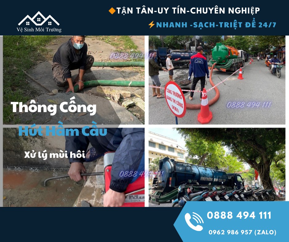 Dịch vụ thông tắc cống, bồn cầu, xử lý mùi hôi, hút bể phốt giá rẻ, bảo hành dài hạn. Đội ngũ thợ kinh nghiệm, tư vấn miễn phí. Liên hệ: 0888 494 111.