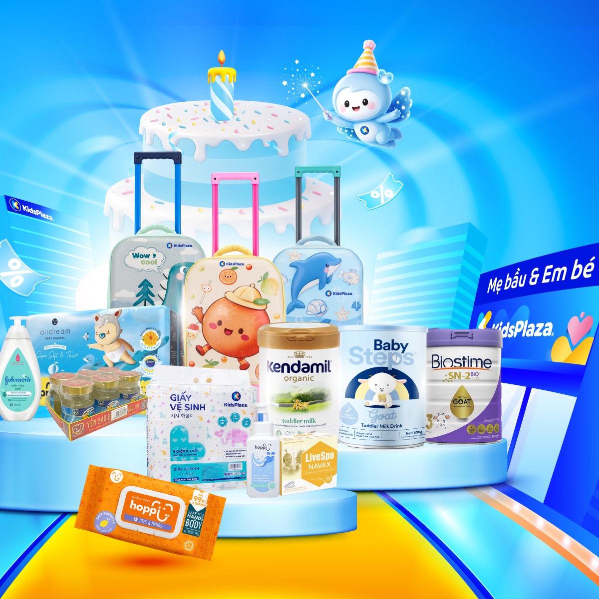 KidsPlaza Hồ Chí Minh khuyến mãi sữa cao cấp cho bé, mua nhiều nhận quà tặng hấp dẫn như vali kéo, khăn ướt, tã bỉm, nước giặt xả. Áp dụng từ 01/05 - 15/06/2026.