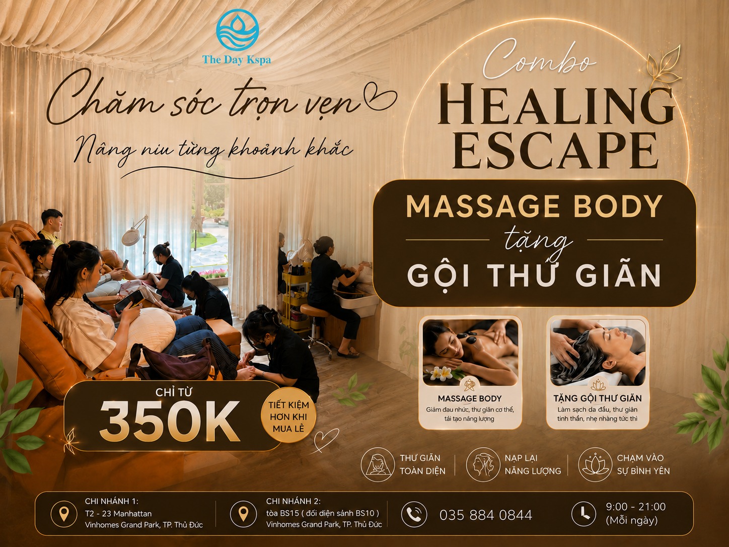 Đặt lịch massage body tại The Day Kspa nhận ngay gội thư giãn miễn phí. Dịch vụ tại Vinhomes Grand Park, Quận 9.