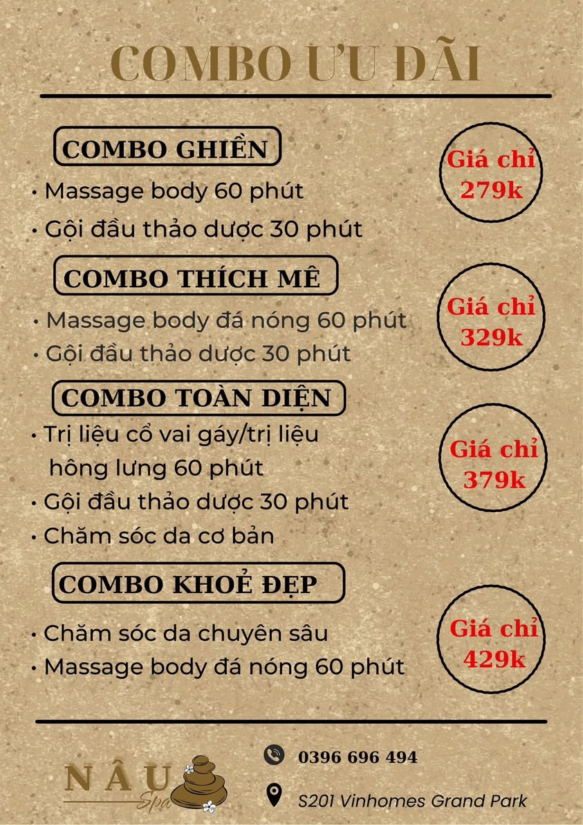 Combo massage body, gội đầu thảo dược, chăm sóc da, trị liệu cổ vai gáy tại Nâu Spa VinHomes Grandpark, giá chỉ từ 279K. Đặt lịch qua 0396.696.494.