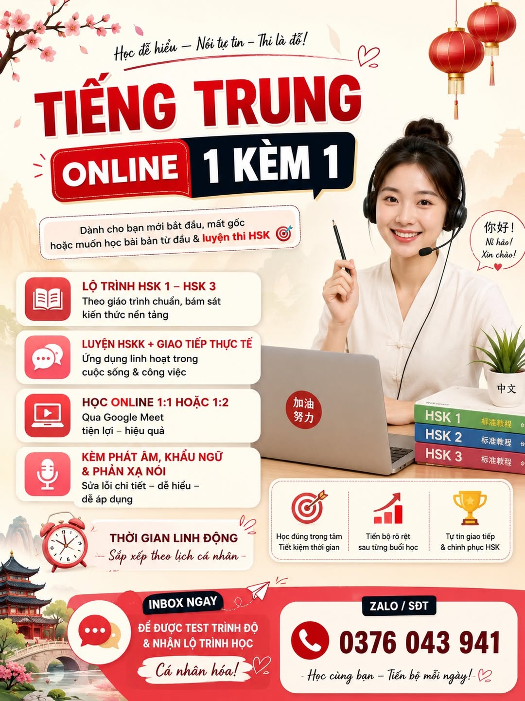 Nhận dạy tiếng Trung online 1:1, nhóm nhỏ, lộ trình HSK 1-3, luyện HSKK & giao tiếp thực tế. Thời gian linh động, hỗ trợ phát âm, sửa lỗi chi tiết.
