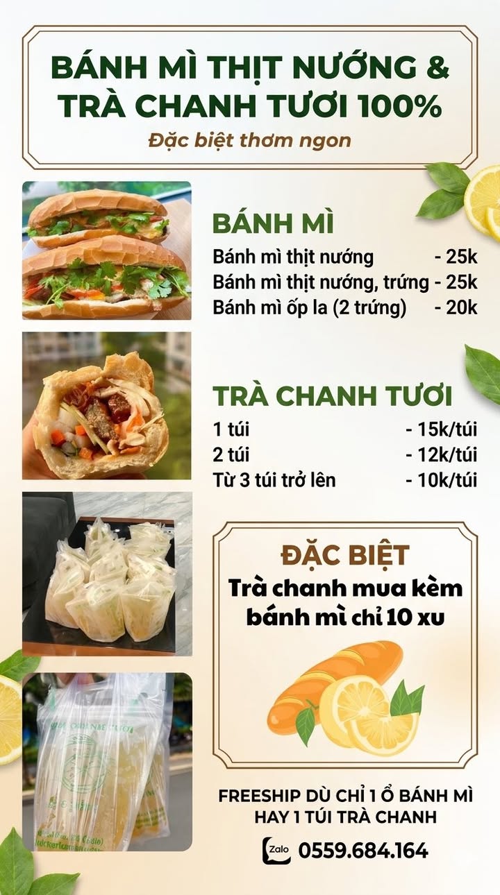 Combo sáng gồm bánh mì đầy topping và ly trà chanh tươi mát, giúp bạn khởi đầu ngày làm việc đầy năng lượng.