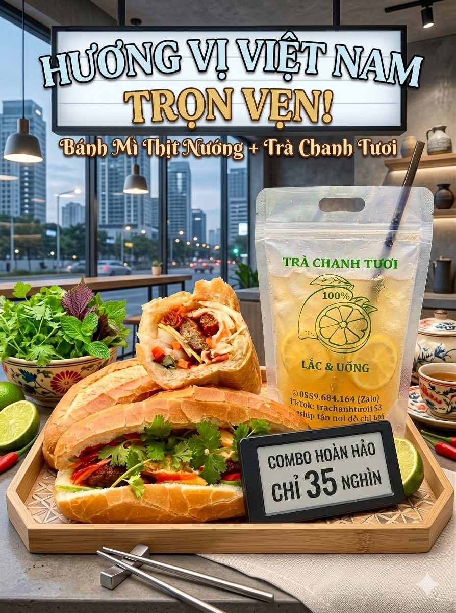 Combo sáng gồm bánh mì đầy topping và ly trà chanh tươi mát, giúp bạn khởi đầu ngày làm việc đầy năng lượng.