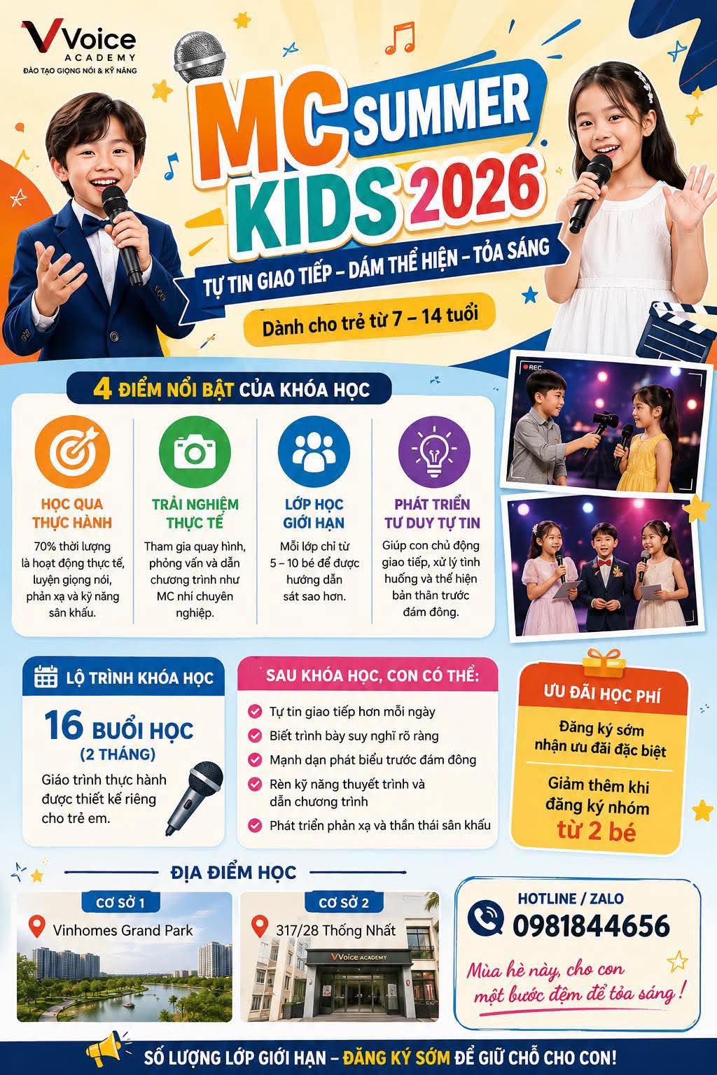 Khóa học MC Summer Kids 2026 giúp bé 7–14 tuổi tự tin giao tiếp, dẫn chương trình, học qua trải nghiệm thực tế tại VVoice Academy, Vinhomes Grand Park & Thống Nhất.