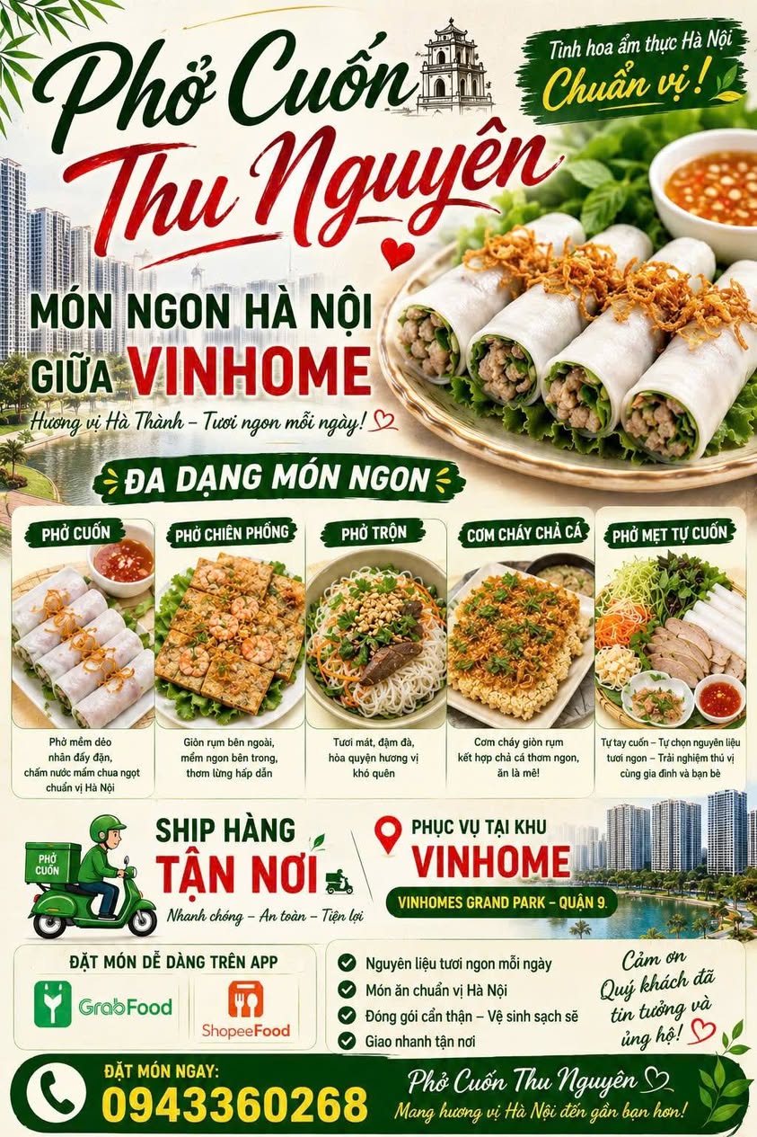 Phở Cuốn Thu Nguyên bán các món phở cuốn, phở chiên phồng, phở trộn, cơm cháy chả cá chuẩn vị Hà Nội, giao hàng nội khu Vinhomes Grand Park.