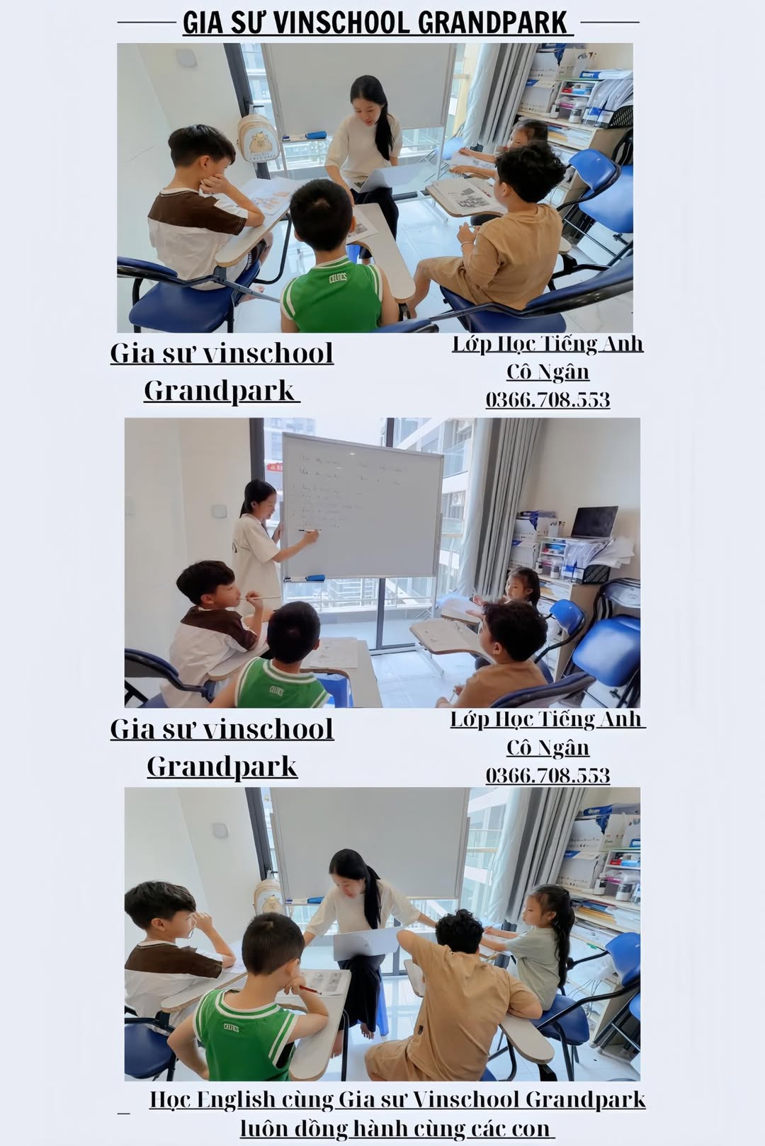 Lớp ôn thi tiếng Anh cho bé tại Vinschool Grand Park, dạy kèm sát, luyện đề, giúp trẻ tự tin và nâng cao điểm số. Liên hệ cô Ngân để sắp xếp lịch học.