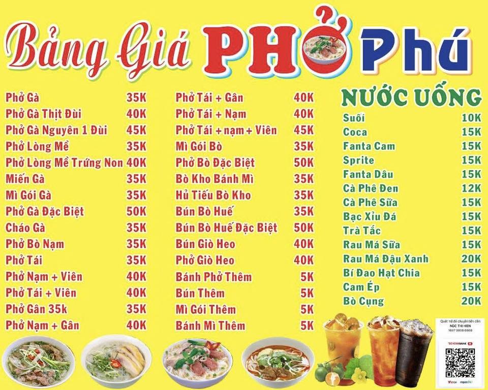 Phở và các loại nước uống (trà tắc, trà đào, cà phê, rau má) tại 91 Phước Thiện, free ship vào Vin. Giá từ 12k-20k. Đặt hàng qua SĐT/Zalo.