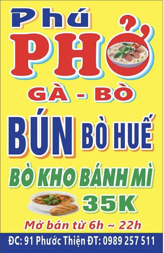 Phở và các loại nước uống (trà tắc, trà đào, cà phê, rau má) tại 91 Phước Thiện, free ship vào Vin. Giá từ 12k-20k. Đặt hàng qua SĐT/Zalo.