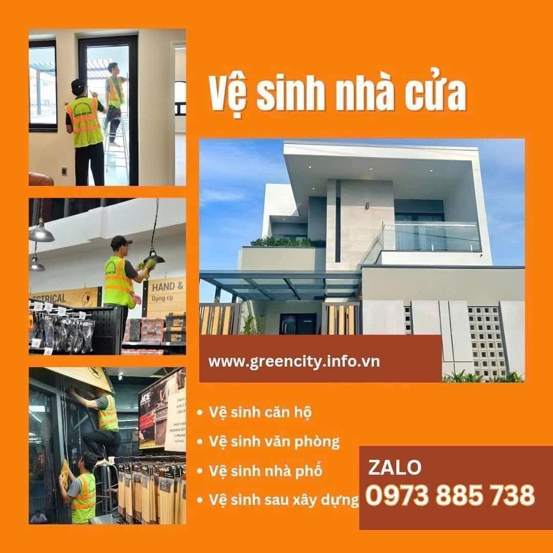 Dịch vụ vệ sinh công nghiệp: vệ sinh nhà phố, biệt thự, văn phòng, căn hộ, nhà xưởng, kính, tổng vệ sinh sau xây dựng. Liên hệ 0973885738 (Zalo).