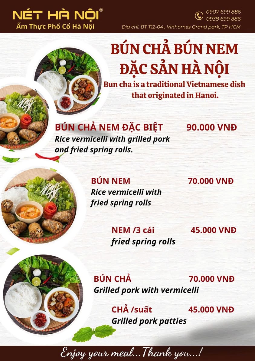 Phở Thìn - Nét Hà Nội phục vụ bún chả, phở bò, phở gà, bún thang, bánh tôm, bánh gối, cơm chiên, phở xào chuẩn vị Bắc. Mở cửa 6h30-21h30. Hotline: 090 769 988.