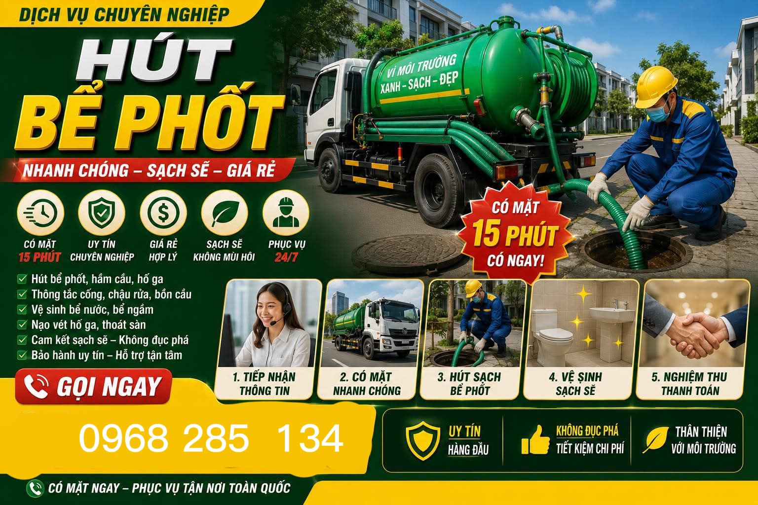 Dịch vụ hút hầm cầu, thông cống nghẹt, thông tắc bồn cầu, khử mùi toilet uy tín, phục vụ nhanh chóng tại địa phương.