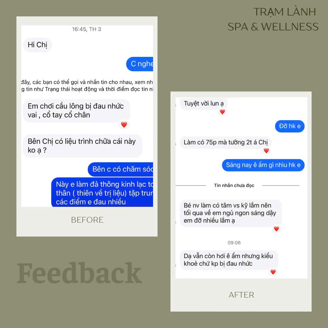 Trạm Lành cung cấp liệu trình massage 75 phút khai thông kinh lạc, giảm đau, kết hợp cạo gió, giác hơi, đắp cao ngải cứu. Giá trải nghiệm 449K tại Vinhomes Grand Park.