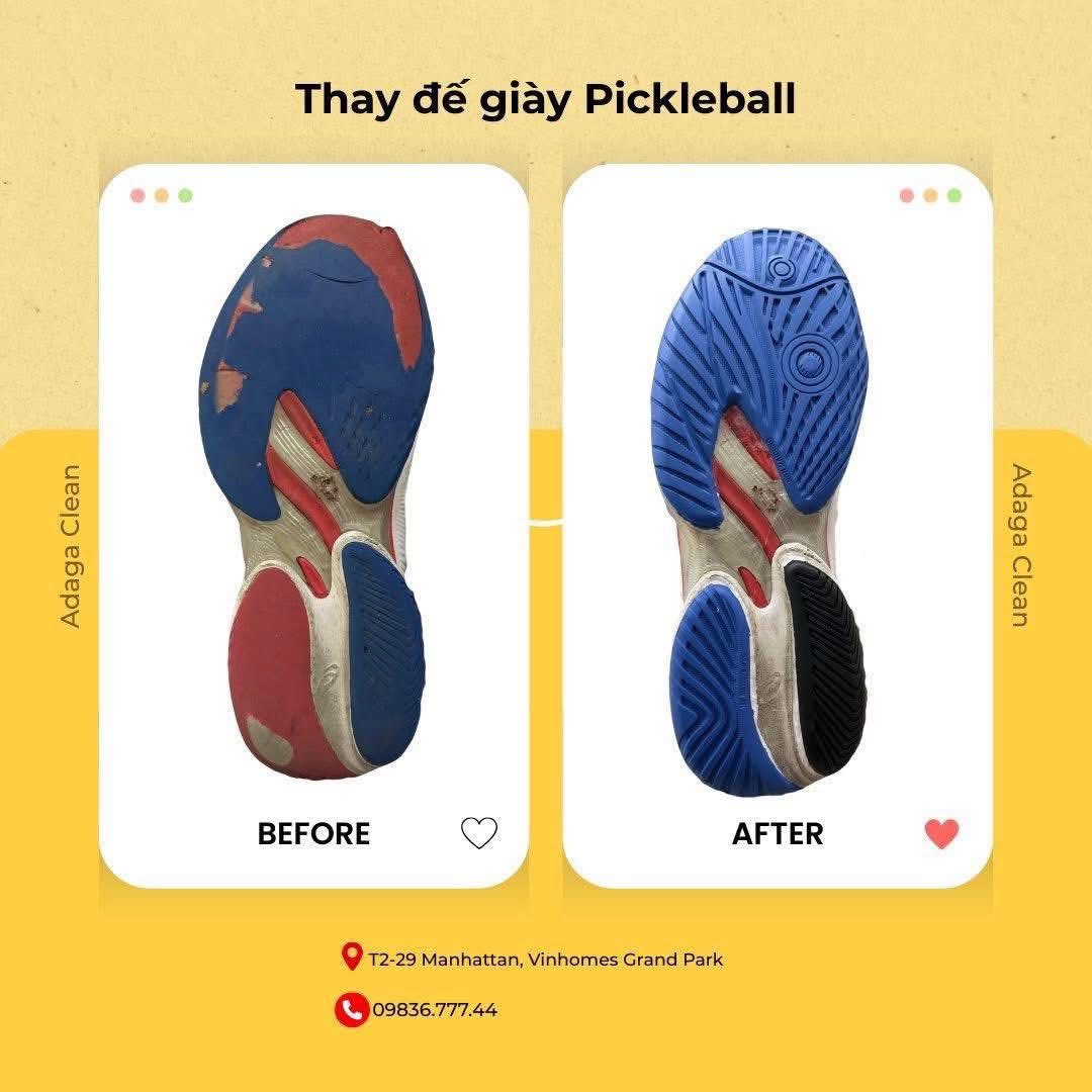 Dịch vụ thay đế giày cầu lông, tennis, pickleball giúp phục hồi độ bám sân, giữ form giày chắc chắn, gia công tỉ mỉ, độ bền cao. Liên hệ tư vấn tại Vinhomes Grand Par.